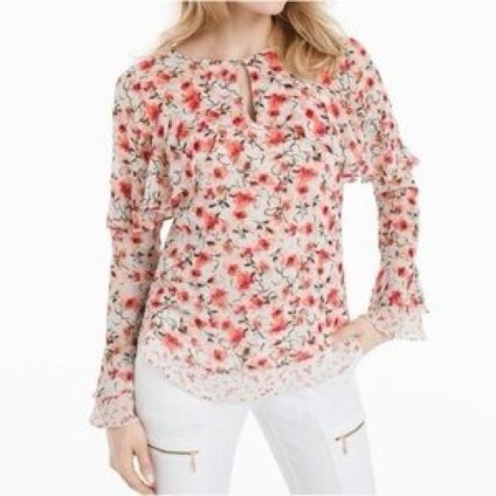 White House Black Market Pink Floral Sheer Ruffle Blouse - Picture 12 of 12